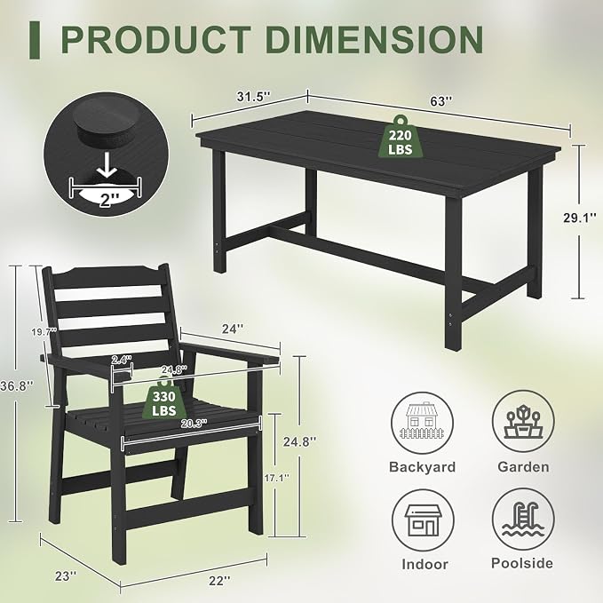 FUNBERRY Outdoor Dining Set, HDPE 7 Piece Dining Table Set with Chairs | 2" Umbrella Hole Table, Wood-Grain, HDPE All Weather, No Rot or Rust or Crack, UV Fade Shield, Easy-Clean for Outside