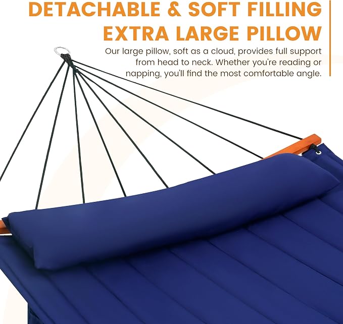 Lazy Daze Hammocks 12FT Quilted Double Hammock with V-Spreader Bar, 2 Person Portable Hammock with Nylon Rope, Side Pocket and Pillow, 450lbs Capacity, Includes Carry Bag for Outside, Navy Blue