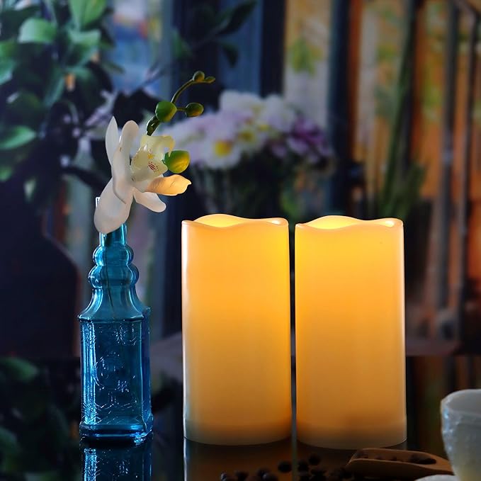Waterproof Outdoor Battery Operated Flameless Candles with Auto Timer Flickering Plastic Resin Electric LED Pillar Lights for Lantern Patio Garden Wedding Party Decorations 3x5 Inches 2 Pack Ivory