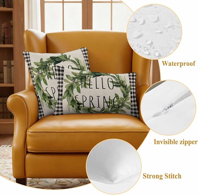 Hello Spring Outdoor Pillow Covers Pack of 2 Green Leaf Plant Black Plaid Vintage Linen Texture Waterproof Throw Pillow Covers Decorative Cushion Cases for Patio Garden Tent Balcony Couch 26x26 inch