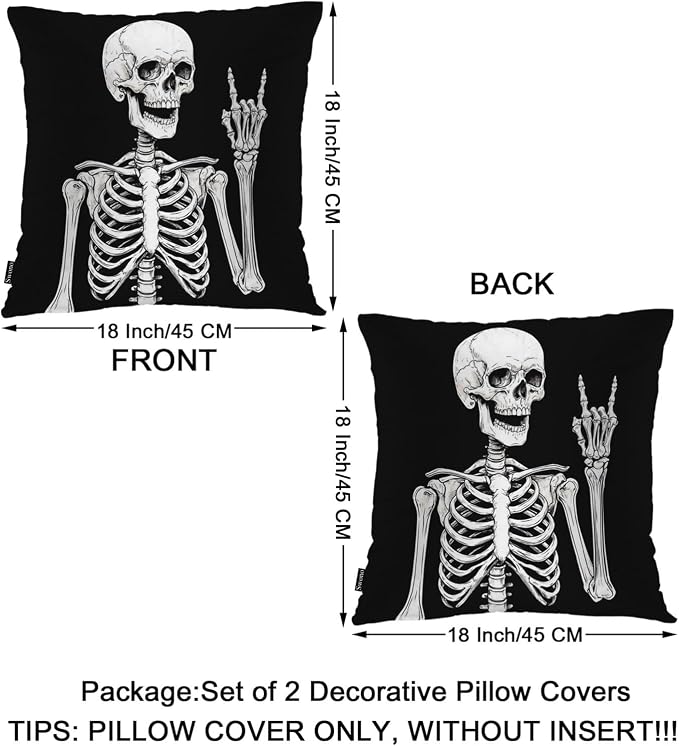 Swono Human Skeleton Throw Pillow Cases Pack of 2, Funny Human Skull Rock Music Square Cushion Covers Decor Pillow Covers for Couch Sofa Home Decoration 18 X 18 Inches Pillowcases, Black