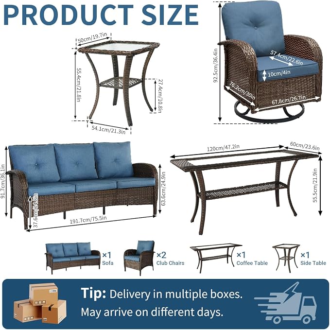 SHGJ&SOFT All Weather Patio Furniture Set, High Back Swivel Rocker Glider Chairs，Ottomans & Glass Tables, Outdoor Conversation Set for Deck Porch Yard Poolside (Blue, 5PCS-Sofa&Swivel Chairs&Tables)