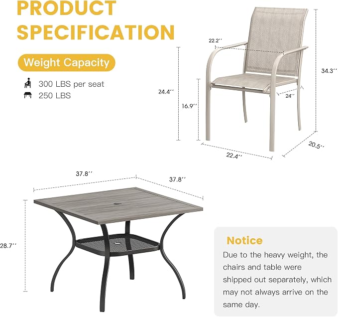 VICLLAX 5 Pieces Patio Dining Set, Outdoor Furniture Set Includes 37.8" Square Outdoor Table and 4 Stackable Patio Sling Chairs, Grey Wood-Like Tabletop and Sandshell Color Fabric