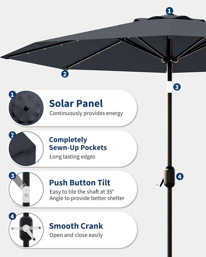 10 ft Patio Umbrella with Solar Lights, Outdoor LED Lighted Umbrella, 40 LED Lights & Tilt Crank, 8 Ribs for Poolside, Deck, Backyard
