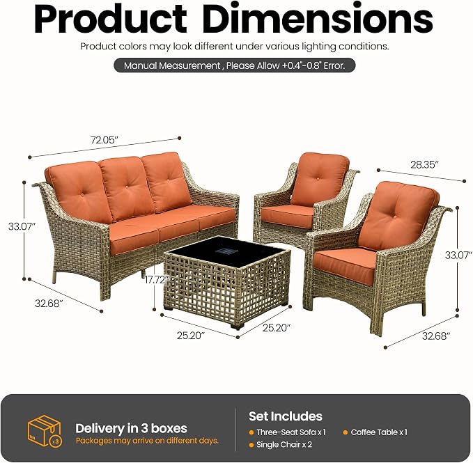 4 Piece Outdoor Patio Furniture Set, All Weather Waterproof Wicker High Back Conversation Set, Two Single Chairs, Solar Light Coffee Table, Outside Furniture for Porch Balcony, Orange