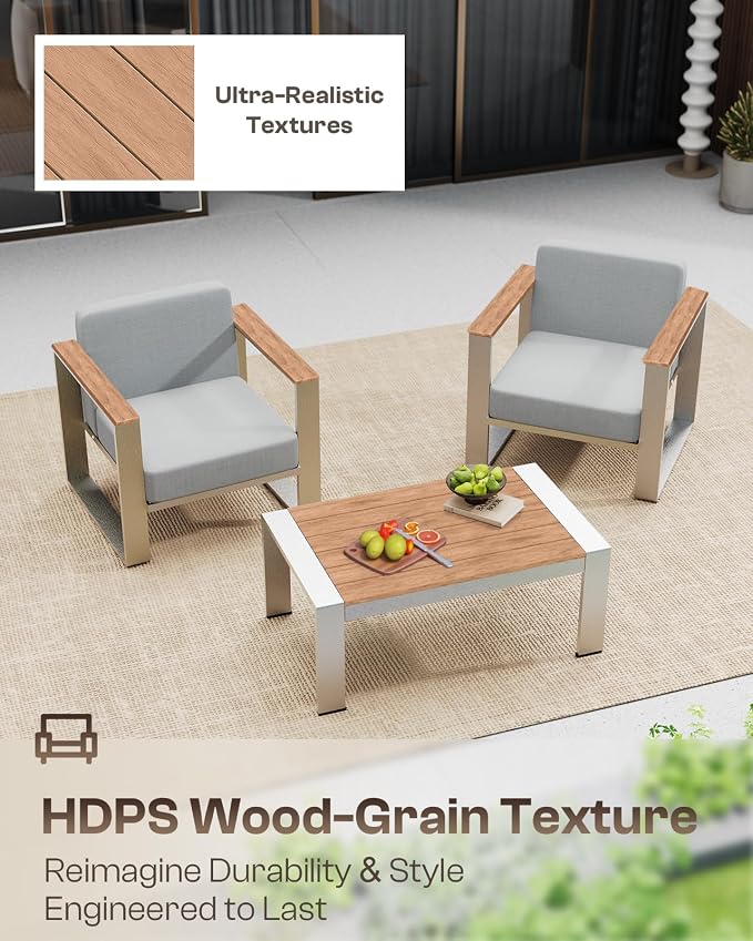 Outdoor Patio Furniture Set, 4 Piece Aluminum Patio Furniture Set with Wide Seat and Thick Cushions, Modern Outdoor Patio Conversation Sets for Deck, Porch (Teak-Gray)