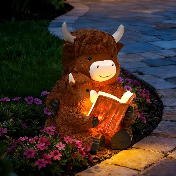 GIGALUMI Solar Highland Cow Decor 8" Garden Statue, Outdoor Decor, Decoration with Light for Patio Yard Lawn Balcony, Christmas/Birthday Gifts for Mom Women