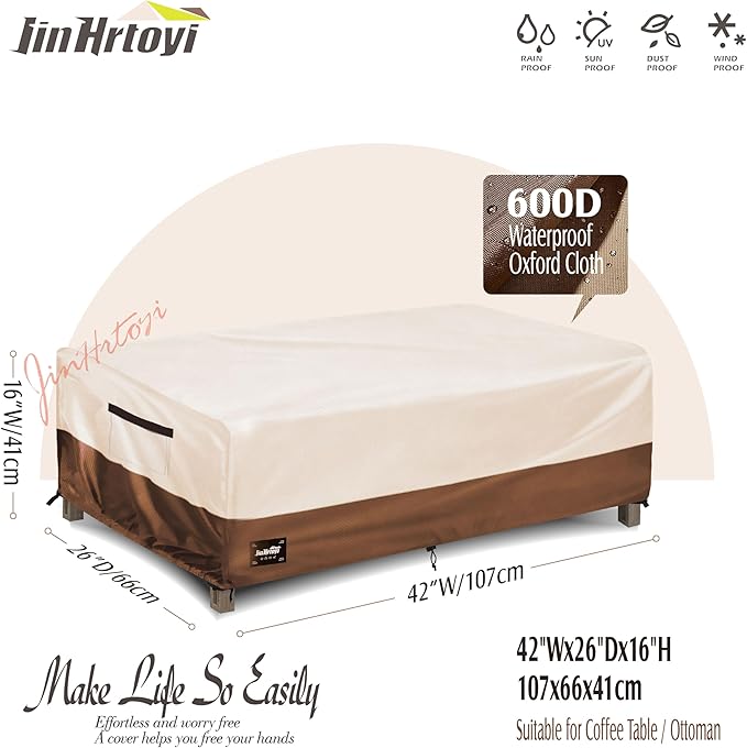 JinHrtoyi Patio Coffee Table Cover,42Wx26Dx16H Inches 100% Waterproof Heavy Duty Outdoor Rectangular Side Table Cover,Beige&Brown Modern Style Outdoor Furniture Covers