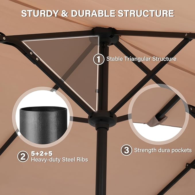 13 ft Patio Umbrella with Base, Large Rectangle Outdoor Umbrella with Matching Stand, Strap, Crank, Khaki