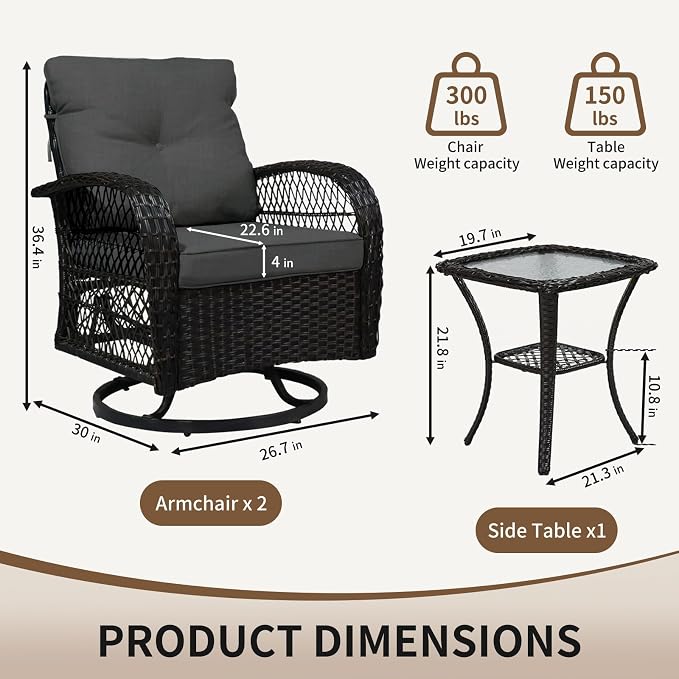 SHGJ&SOFT 3 Piece Patio Furniture Set, 2 Outdoor Swivel Rocking Chairs with Side Table, Wicker Glider Chairs, All-Weather Rattan Bistro Set for Porch, Deck, Pool (Grey, Brown Open-Weave Rattan)