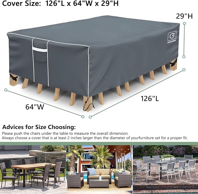 Gasadar Patio Furniture Covers, Outdoor Furniture Cover Waterproof, General Purpose, Outside Table and Chair Covers, Heavy Duty 600D 126L x 64W x 29H inch, Grey