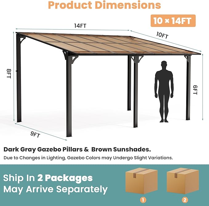 Pamapic 10x14FT Wall Mounted Gazebo, Hardtop Lean to Gazebo with Aluminum Frame & UV Resistant Polycarbonate Roof, Outdoor Patio Awning for Deck, Porch, Lawn & Backyard
