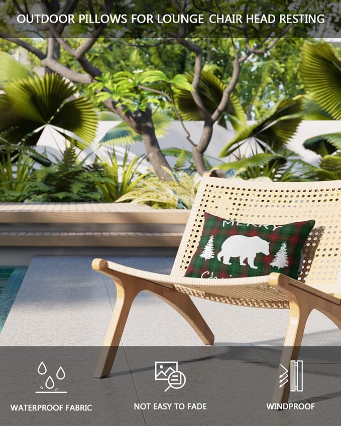 Outdoor Pillows Covers with Inserts Merry Christmas Bear and Tree Red Green Buffalo Plaid Waterproof Pillow with Adjustable Strap Throw Pillows for Patio Furniture Recliner Lounge Chair, 11"x16", 2PCS
