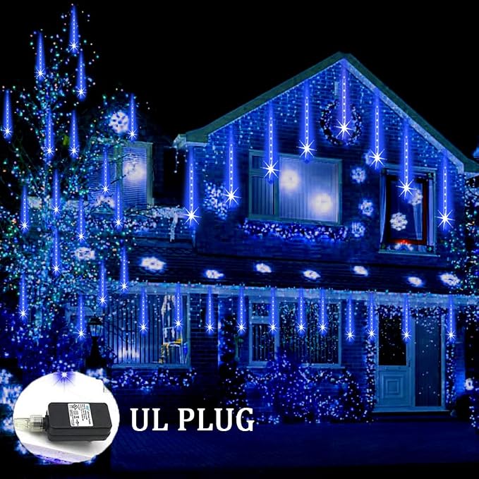 Weepong Meteor Shower Lights Outdoor Christmas Lights UL Certified Falling Rain Drop Snowfall Icicle Cascading String Light for Xmas Holiday Tree Wedding Party Garden Decor Blue, 12 Inch 8 Tubes