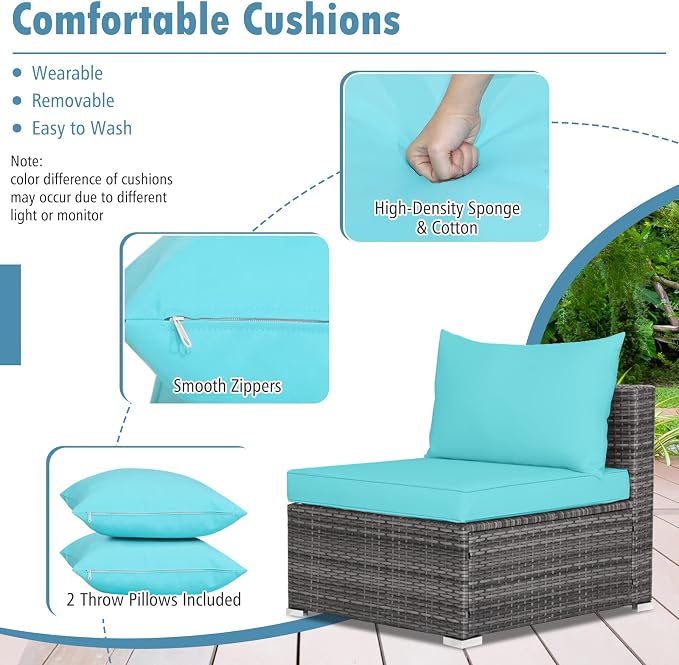 Tangkula 7 Pieces Wicker Patio Furniture Set, All-Weather Outdoor Rattan Sectional Sofa Set with Cushions & Tempered Glass Coffee Table, Outside Sofa Set for Garden, Lawn, Deck, Backyard (Turquoise)