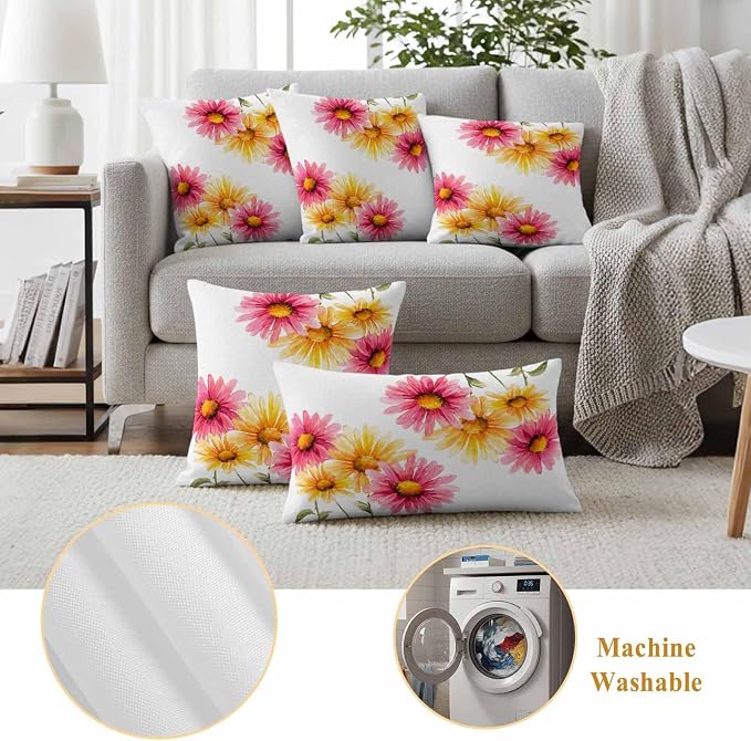Yellow Pink Daisy Outdoor Pillow Covers 16"x16" Set of 2, Rustic Farmhouse Boho Wildflowers Waterproof Throw Pillow Covers for Patio Furniture, Decorative Cushion Covers for Porch