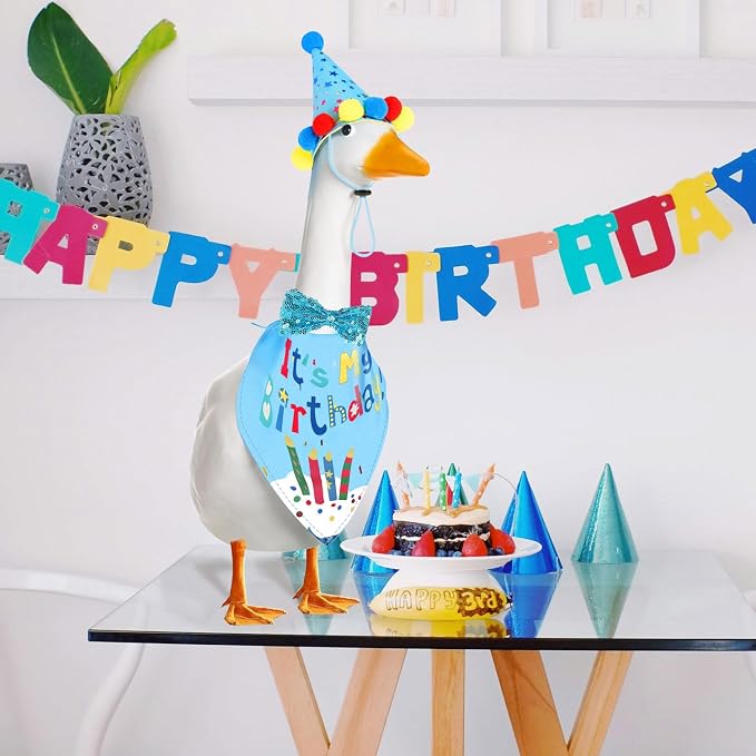 Birthday Outfit Set for Porch Goose Statue 23"& 17" - Party Bandana, Hat & Bow Tie for Outdoor Yard Decor, Cement Goose