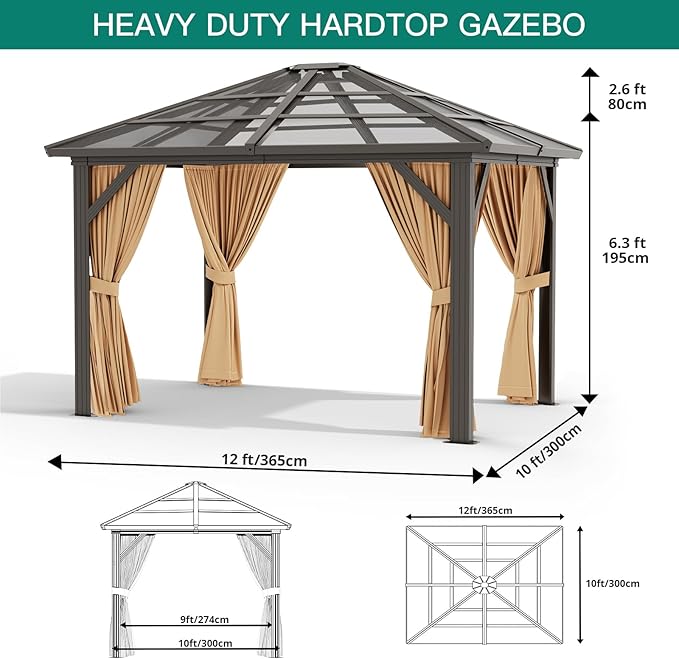 GAOMON 10'x12' Hardtop Gazebo, Outdoor Polycarbonate Double Roof Canopy, Aluminum Frame Permanent Pavilion with Curtains and Netting, Sunshade for Garden, Patio, Lawns (10x12ft), Brown