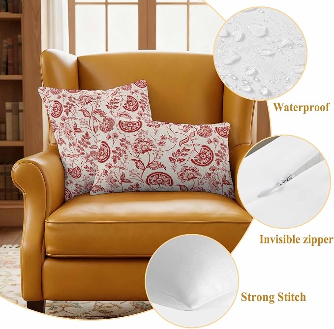 Outdoor Pillow Covers 16x16 Set of 2, Red Spring Floral Waterproof Patio Throw Pillow Covers for Couch Sofa Chair, Summer Botanical Farmhouse Decorative Pillowcases for Throw Pillows