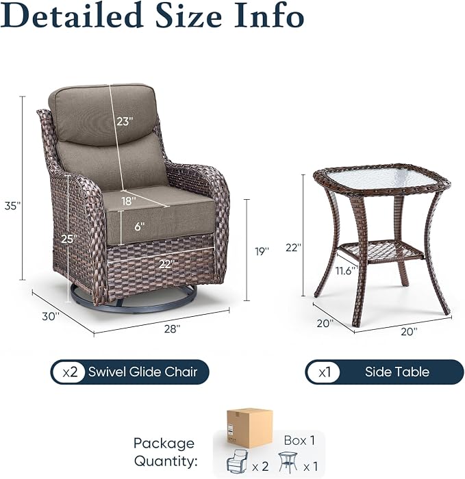 Belord Luxury 6" Thick Cushioned Outdoor Swivel Rocker Patio Chairs with Side Table, High Back Wicker Furniture Set with Ergonomic Zone Back, Conversation Glider Set for Deck Porch - Brown+Grey
