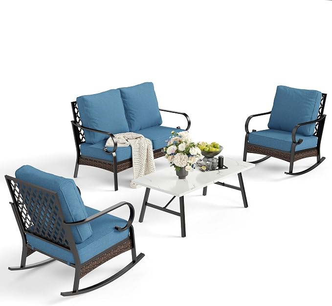 SUNSHINE VALLEY 4 Piece Metal Outdoor Patio Furniture Sets, Patio Conversation Sets with 5.75" Thick Cushion, Patio Loveseat and Rocking Chair wth Coffee Table, Balck Backyard Furniture, Denim Blue