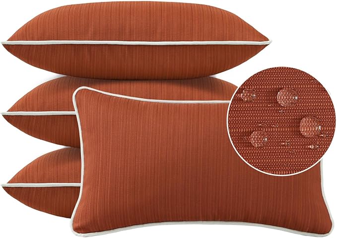 Unimatta Decorative Outdoor Water Repellent Throw Pillows with Inserts, Set of 4, 20" x12" Pillows for Patio, Backyard, Bed, Couch, and Patio Furniture, Tangerine