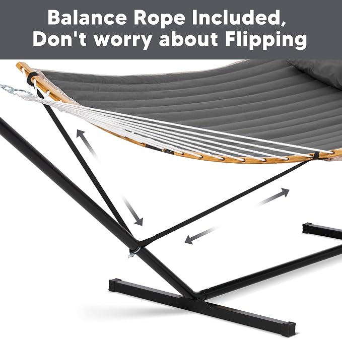 SUNCREAT Double Portable Hammock with Stand, 2 Person Hammock with Curved Spreader Bar, Balance Ropes Included, Dark Gray