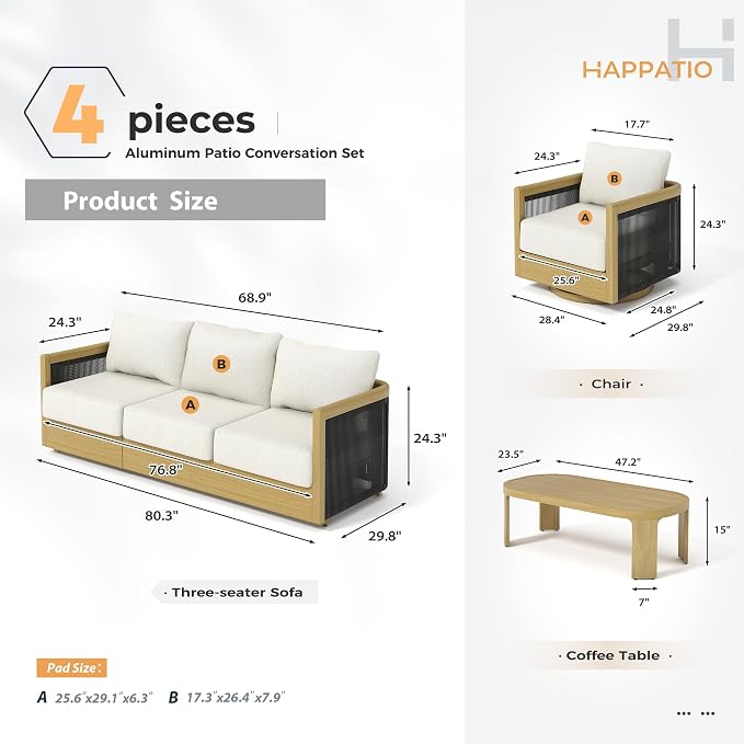 HAPPATIO Aluminum Patio Furniture Set, 4 Pieces Wood-Like Oversized 3-Seat Sofa Conversation Set with Thick Cushion, Swivel Chairs with Curved Tub Design and Woven Rope Accents for Garden, Yard, Pool