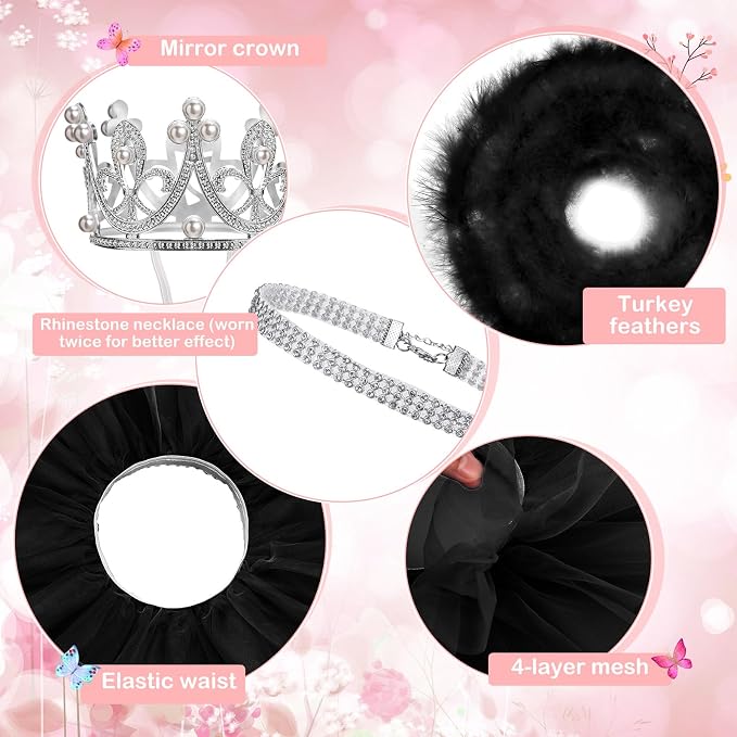 4 Pcs Princess Porch Goose Outfit for 23" 17" Cement Lawn Goose Costume Crown Necklace Tutu Skirt Feather Trim(Black)