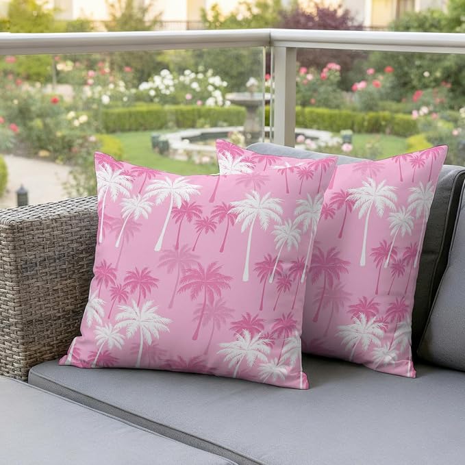 Throw Pillow Covers 18x18 Inch Set of 2, Tropical Palm Tree Waterproof Outdoor Pillow Covers, Magenta Pink Plants Coastal Leaf Beach Decorative Cushion Pillowcases for Couch, Sofa, Bed, Garden, Patio