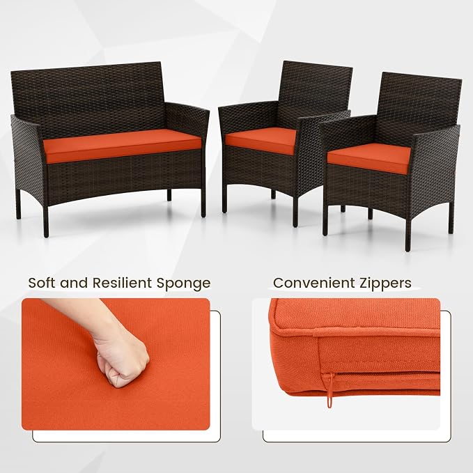 DORTALA Wicker Patio Furniture Set 4 Piece, Outdoor PE Rattan Table & Chairs Set with Tempered Glass Coffee Table, Loveseat, Cushions, Conversation Set for Balcony, Porch, Backyard, Deck, Orange