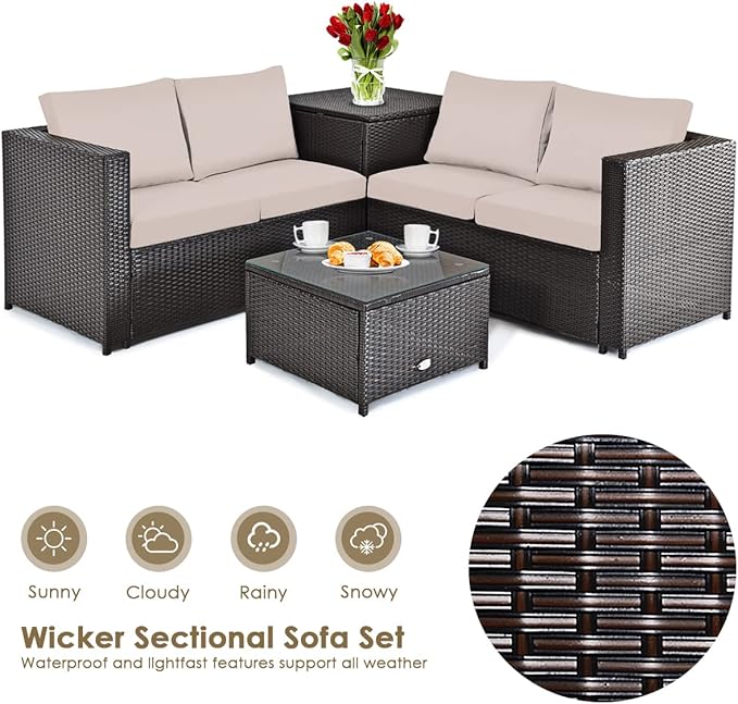 DORTALA 4 Pieces Outdoor Patio Furniture Set, Weather Resistant PE Rattan Conversation Set with 2 Loveseats, Outdoor Sectional Sofa Set with Comfy Cushions for Garden and Poolside, Brown