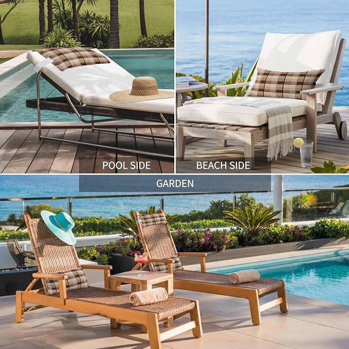 Outdoor Head Pillow with Adjustable Elastic Strap, Vintage Farm Buffalo Checker 2 Pack Waterproof Headrest Cushion Pillows for Balcony/Garden/Beach/Pool Chair Recliners Brown Khaki Plaid Lattice