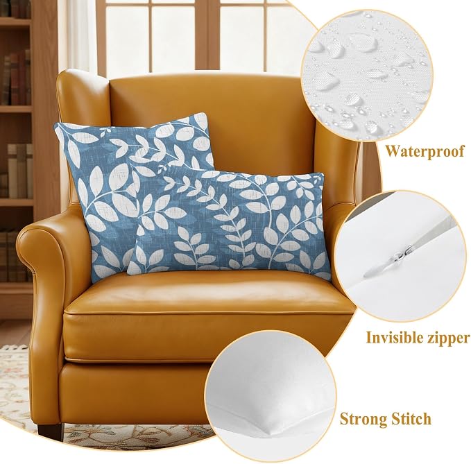 Lake Blue Leaves Outdoor Waterproof Throw Pillow Covers 26x26 Set of 2, Farmhouse Botanical Branch Vintage Boho Leaf Decorative Pillowcases Cushion Pillowcase for Couch Sofa Patio Pillow Protector