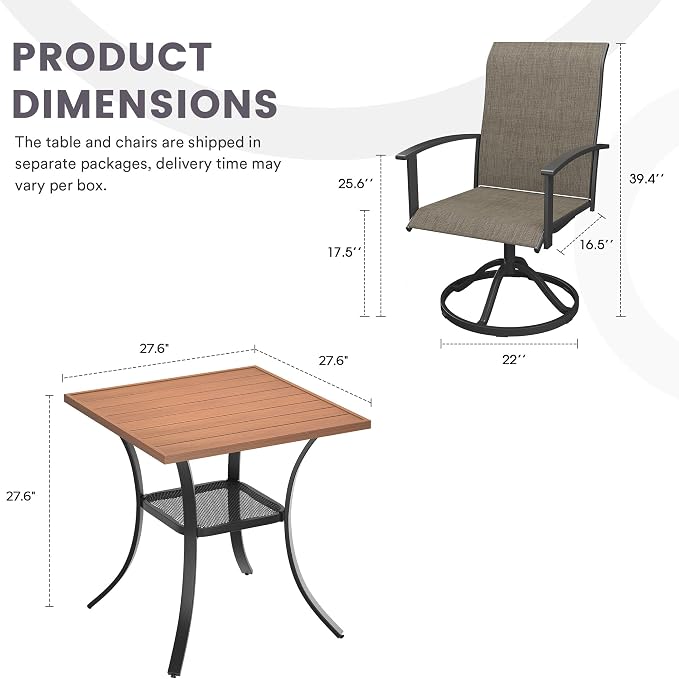 3 Pieces Outdoor Patio Dining Bar Set, 27.6" All Weather Square Metal Slatted Table with Storage Shelf and 2 High Back Textilene Swivel Chairs for Garden, Lawn, Walnut Table&Brown Chairs