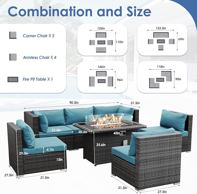 RADIATA 7 Piece Wicker Patio Furniture Set with Fire Pit, All-Weather Outdoor Sectional Couch High Back Large Size, Modular Backyard Seating Sofa Set with Propane/Natural Gas Firepit Table, Grey&Teal