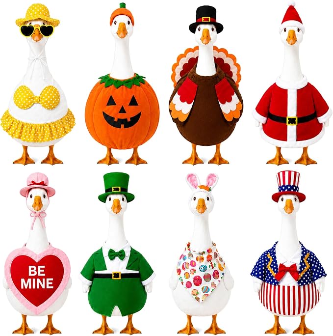 8 Set 23 Inch Porch Goose Outfits, Holiday Goose Clothes | All Seasons Bundle for Valentine St. Patrick Easter Summer 4th of July Fall Halloween Christmas, front porch yard patio decor