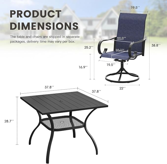 5 Pieces Patio Dining Set, 4 Outdoor Swivel Dining Chairs with 37.8" Square Metal Outdoor Dining Table with Umbrella Hole for Garden Backyard Deck, Dark Blue & Black