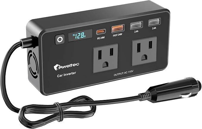 200W Power Inverter for Car – DC 12V to 110V AC Converter with LED Display & 4 USB Ports (24W PD USB-C) – Compact Vehicle Adapter for Laptop, Tablet, Phone – Road Trip Essential