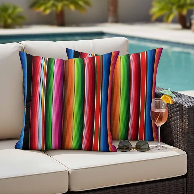 Red Green Blue Striped Outdoor Pillow Covers 18x18 Inch Throw Pillow Covers Set of 2 Waterproof Decorative Pillow Cases Modern Abstract Striped Cushion Covers for Patio Furniture Garden Couch Sofa