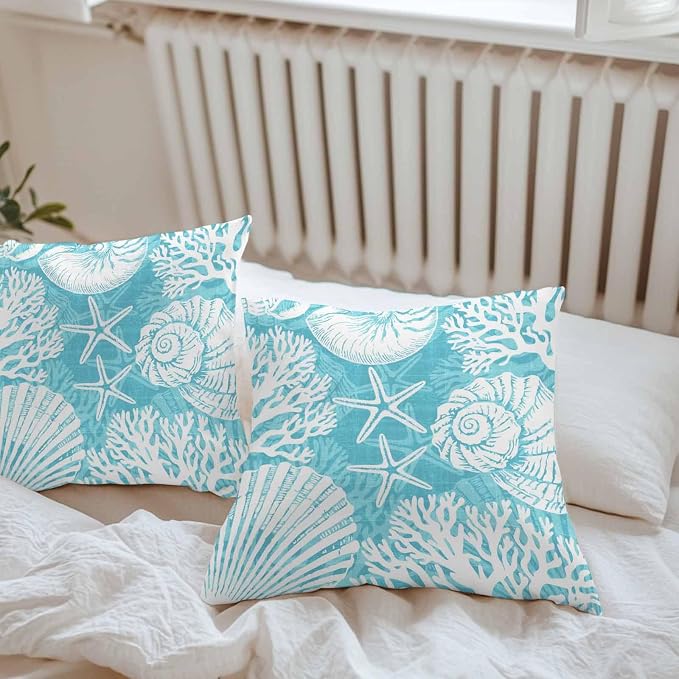 Outdoor Pillow Covers 24x24 Inch Set of 2, Teal Starfish Coastal Waterproof Throw Pillow Covers, Summer Coral Shell Beach Nautical Decorative Cushion Pillowcases for Couch, Sofa, Bed, Garden, Patio