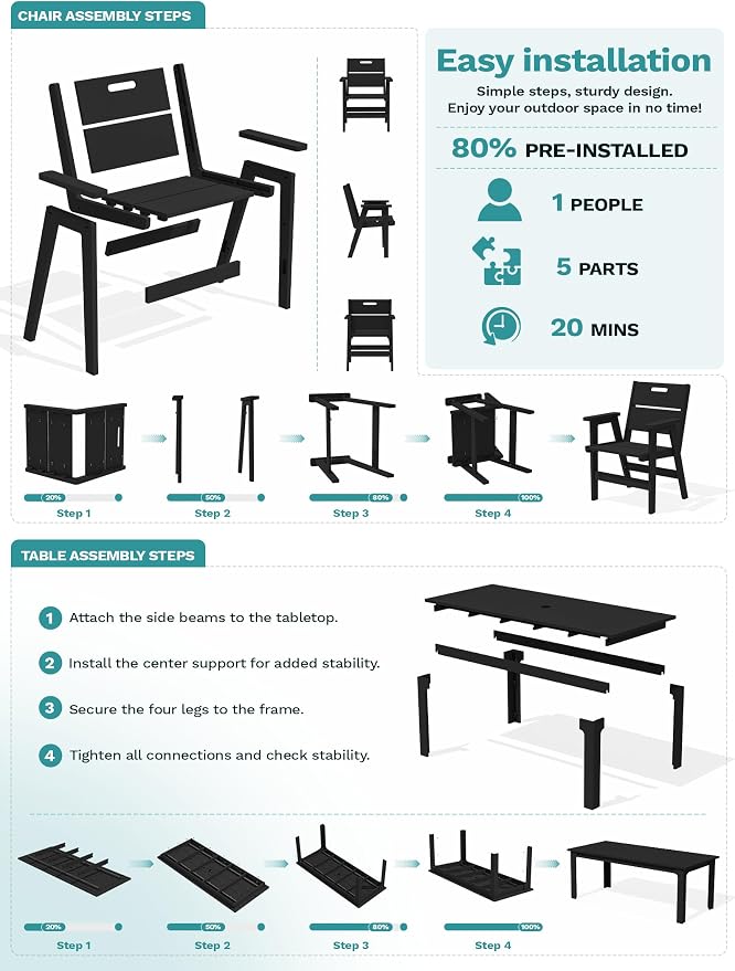 SERWALL 7-Piece HDPE Outdoor Patio Dining Set, All-Weather 76" Rectangular Table with Umbrella Hole & 6 Arm Chairs, Weather Resistant Heavy Duty Outdoor Furniture for Backyard, Deck, Garden, Black