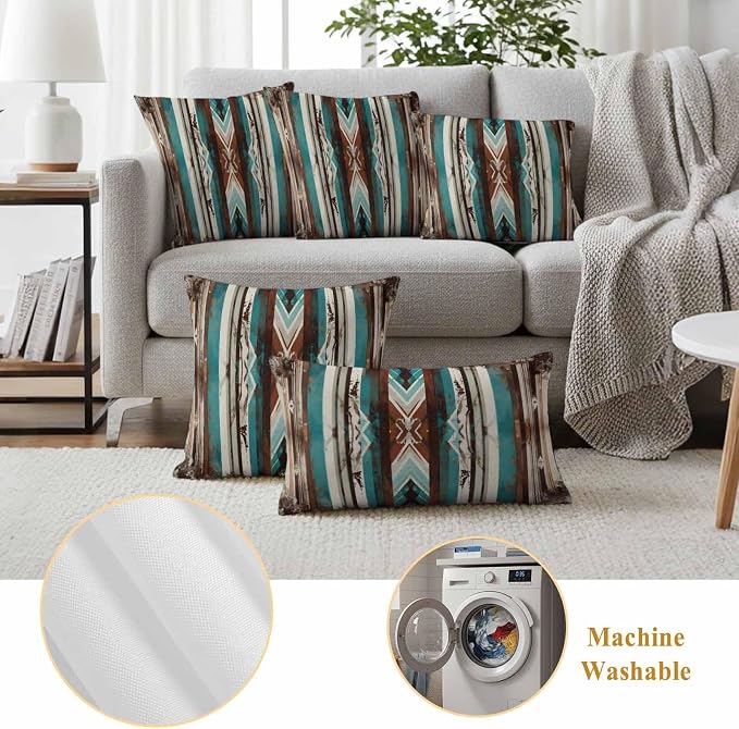 Ethnic Tribal Stripes Outdoor Pillow Covers 20"x20" Set of 2, Retro Vintage Geometric Teal Brown Stripes Waterproof Throw Pillow Covers for Patio Furniture, Decorative Cushion Covers for Porch
