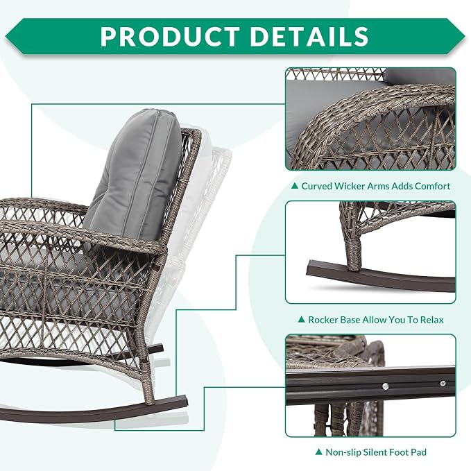 VIVIJASON 5-Piece Outdoor Patio Wicker Conversation Sets, All Weather Outdoor Rattan Furniture Set Includes Glider Loveseat, 2 Coffee Table, 2 Rocking Chairs with Cushions for Backyard, Grey