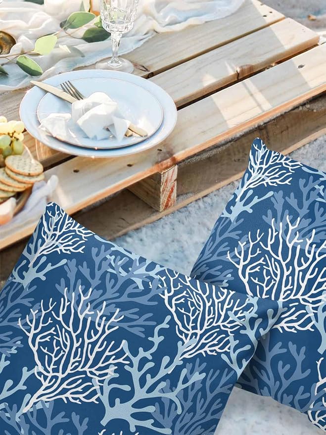 Outdoor Waterproof Throw Pillow Covers Set of 2 Blue Coral Pillowcases 24x24 Inches Nautical Coastal Marine Life Patio Decorative Pillows Cushion Case Patio Pillows for Couch Bed Chair Garden