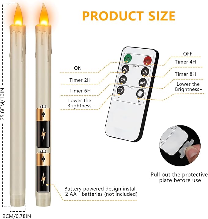 wemarry Flameless Taper Candles Realistic Flickering Flame, Battery Operated, Remote Control with Timer, Safe for Kids & Pets, Ivory, 10-Inch, Pack of 6 Ideal for Home, Weddings & Parties