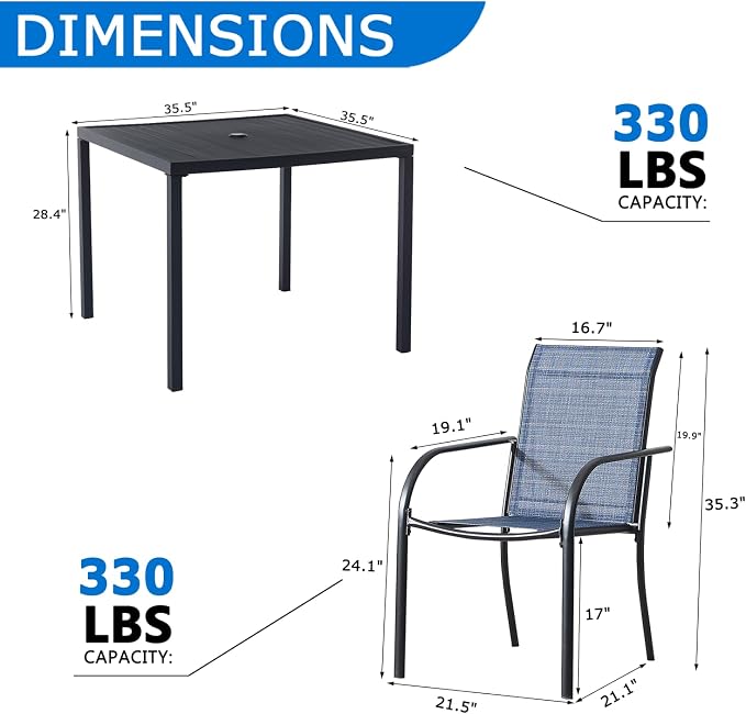 5-Piece Outdoor Dining Set, 35.5" Square Metal Patio Table with Light Blue Chairs, Black Table with Umbrella Hole for Garden, Yard, Patio