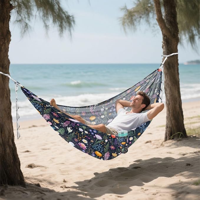 Camping Hammock Outdoor Hammocks for Outside Wild Flowers Black Beach Trees Portable Lightweight with Pockets Tree Straps Indoor