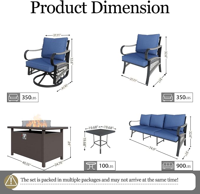 11-Piece Outdoor Furniture Set, Metal Swivel Rocking Chairs with All-Weather Cushions, Patio Conversation Set with Fire Pit Table for Deck, Porch, Garden, Backyard, Poolside (Blue Cushions)