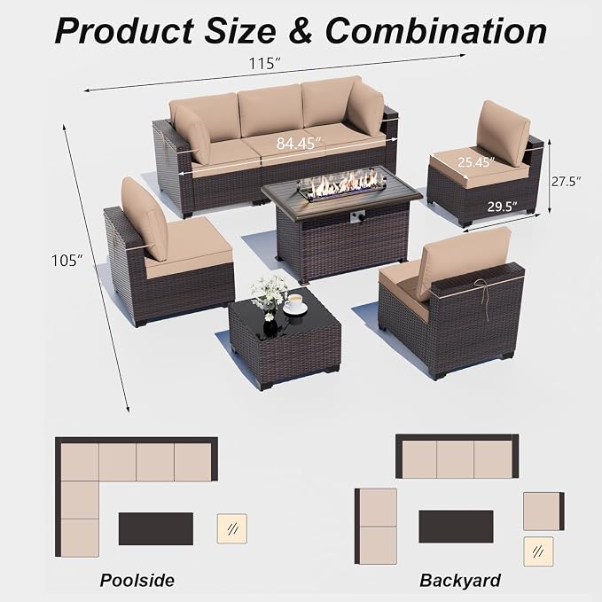 ALAULM Patio Furniture Set with Fire Pit Table 55000 BTU, Outdoor Sectional with Wide Seat and Thick Cushion, 8 Piece Wicker Rattan Conversation Set with Coffee Table for Garden, Deck, Sand